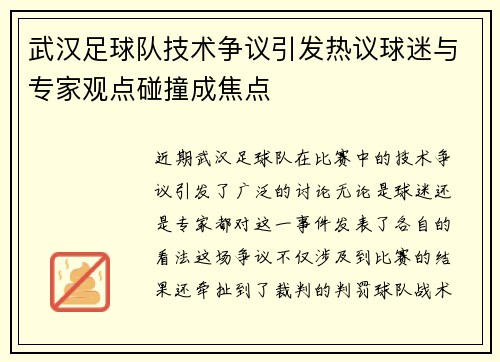 武汉足球队技术争议引发热议球迷与专家观点碰撞成焦点